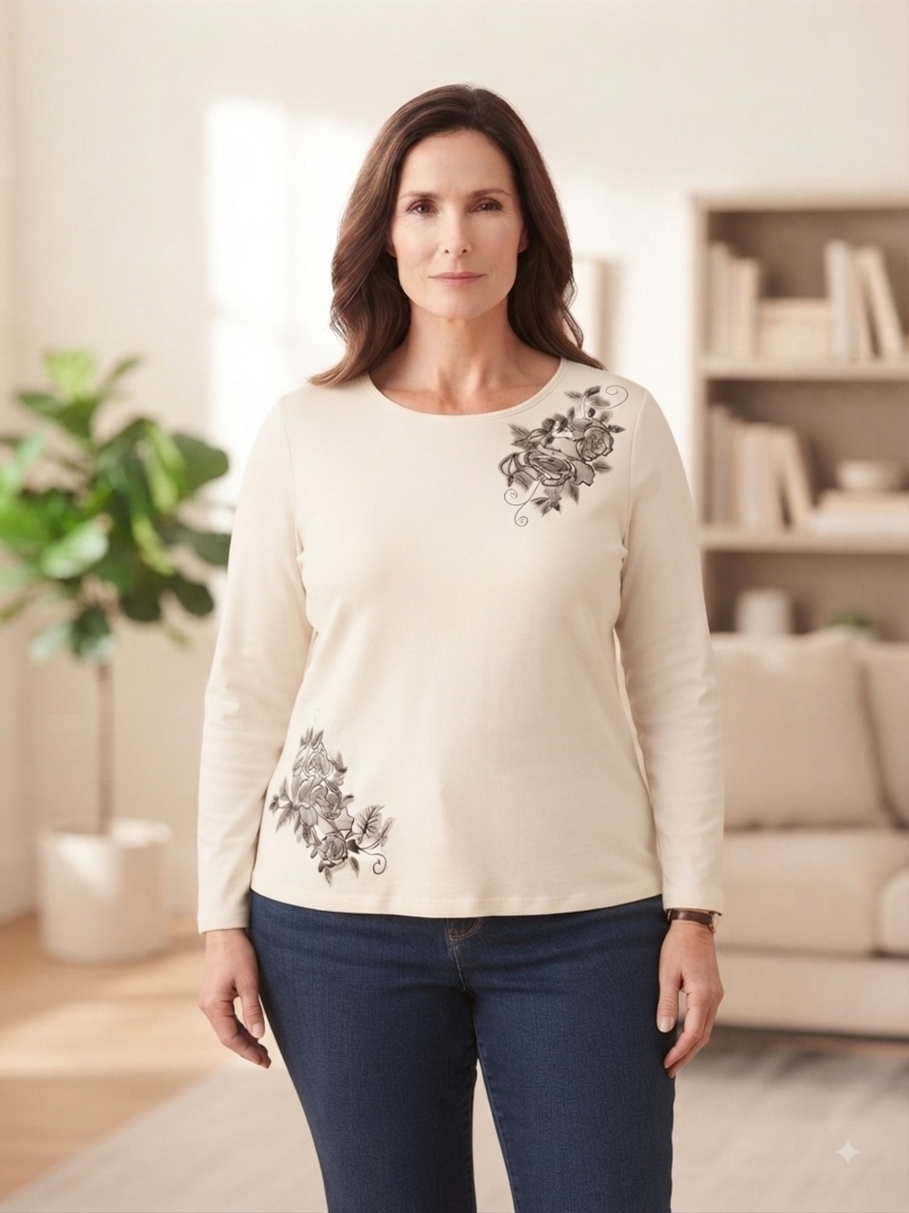 Karen Scott Long-Sleeve Floral Print Top in Cream Cottom 💯